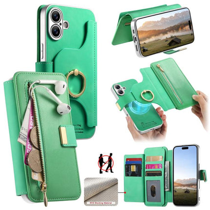 Precision Hole Silver-Edged Ring RFID Blocking Zipper Wallet Magnetic Vegan Leather Phone Case, For iPhone 16 Plus, For iPhone 16, For iPhone 15 Pro Max