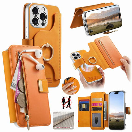 Precision Hole Silver-Edged Ring RFID Blocking Zipper Wallet Magnetic Vegan Leather Phone Case, For iPhone 13 Pro Max, For iPhone 13 Pro, For iPhone 13