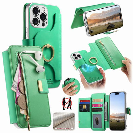 Precision Hole Silver-Edged Ring RFID Blocking Zipper Wallet Magnetic Vegan Leather Phone Case, For iPhone 13 Pro Max, For iPhone 13 Pro, For iPhone 13