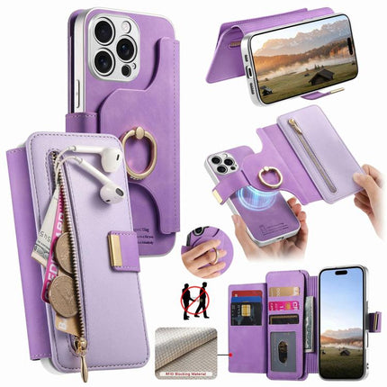 Precision Hole Silver-Edged Ring RFID Blocking Zipper Wallet Magnetic Vegan Leather Phone Case, For iPhone 14, For iPhone 14 Pro, For iPhone 14 Pro Max