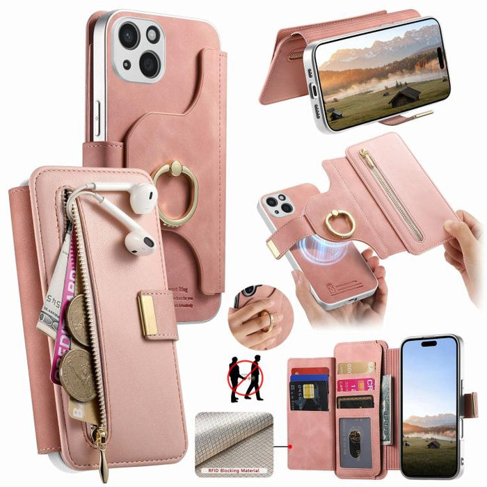 Precision Hole Silver-Edged Ring RFID Blocking Zipper Wallet Magnetic Vegan Leather Phone Case, For iPhone 14, For iPhone 14 Pro, For iPhone 14 Pro Max