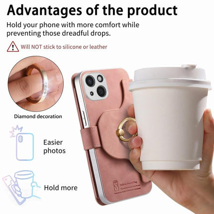Precision Hole Silver-Edged Ring RFID Blocking Zipper Wallet Magnetic Vegan Leather Phone Case, For iPhone 14, For iPhone 14 Pro, For iPhone 14 Pro Max