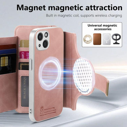Precision Hole Silver-Edged Ring RFID Blocking Zipper Wallet Magnetic Vegan Leather Phone Case, For iPhone 14, For iPhone 14 Pro, For iPhone 14 Pro Max