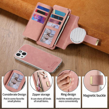 Precision Hole Silver-Edged Ring RFID Blocking Zipper Wallet Magnetic Vegan Leather Phone Case, For iPhone 14, For iPhone 14 Pro, For iPhone 14 Pro Max