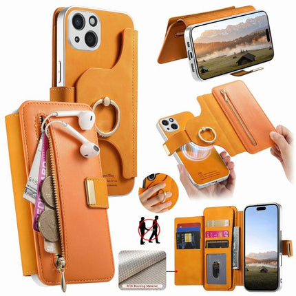 Precision Hole Silver-Edged Ring RFID Blocking Zipper Wallet Magnetic Vegan Leather Phone Case, For iPhone 14, For iPhone 14 Pro, For iPhone 14 Pro Max