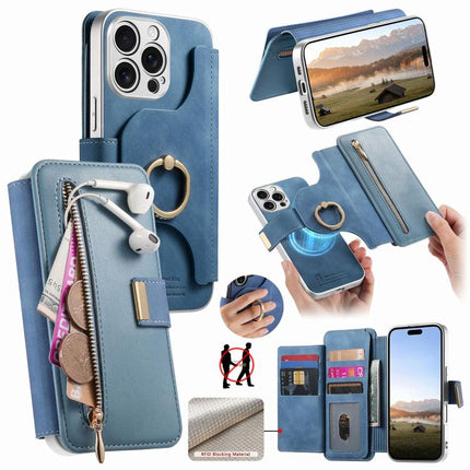 Precision Hole Silver-Edged Ring RFID Blocking Zipper Wallet Magnetic Vegan Leather Phone Case, For iPhone 16 Plus, For iPhone 16, For iPhone 15 Pro Max