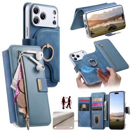Precision Hole Silver-Edged Ring RFID Blocking Zipper Wallet Magnetic Vegan Leather Phone Case, For iPhone 18 / 17, For iPhone 18 Pro / 17 Pro, For iPhone 18 Pro Max / 17 Pro Max
