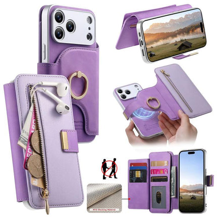 Precision Hole Silver-Edged Ring RFID Blocking Zipper Wallet Magnetic Vegan Leather Phone Case, For iPhone 18 / 17, For iPhone 18 Pro / 17 Pro, For iPhone 18 Pro Max / 17 Pro Max
