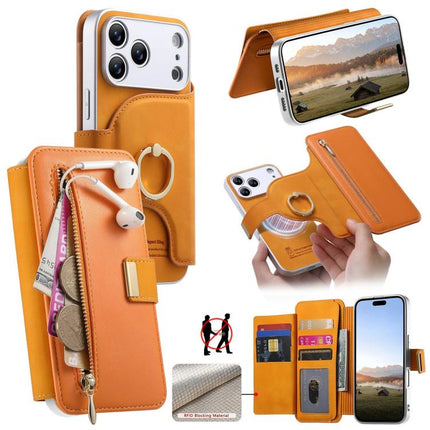 Precision Hole Silver-Edged Ring RFID Blocking Zipper Wallet Magnetic Vegan Leather Phone Case, For iPhone 18 / 17, For iPhone 18 Pro / 17 Pro, For iPhone 18 Pro Max / 17 Pro Max