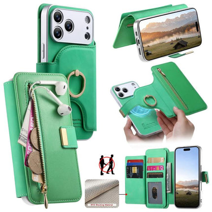 Precision Hole Silver-Edged Ring RFID Blocking Zipper Wallet Magnetic Vegan Leather Phone Case, For iPhone 18 / 17, For iPhone 18 Pro / 17 Pro, For iPhone 18 Pro Max / 17 Pro Max