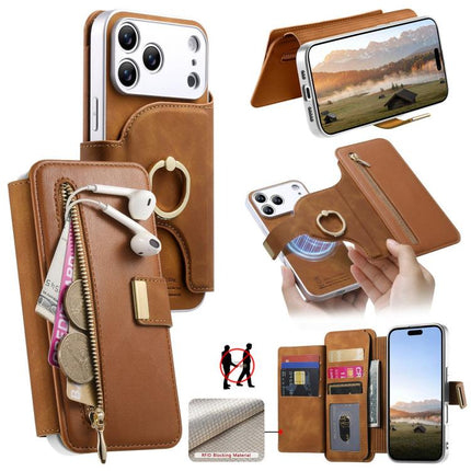 Precision Hole Silver-Edged Ring RFID Blocking Zipper Wallet Magnetic Vegan Leather Phone Case, For iPhone 18 / 17, For iPhone 18 Pro / 17 Pro, For iPhone 18 Pro Max / 17 Pro Max