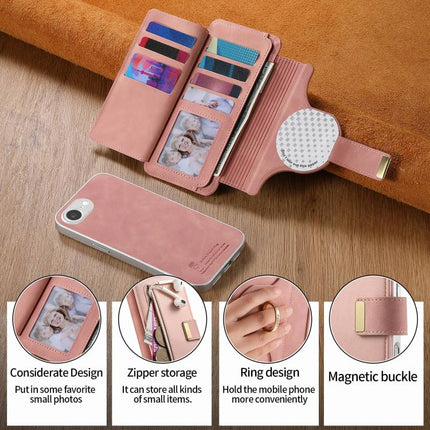 Precision Hole Silver-Edged Ring RFID Blocking Zipper Wallet Magnetic Vegan Leather Phone Case, For iPhone 17e / 16e, For iPhone 16 Pro Max, For iPhone 16 Pro