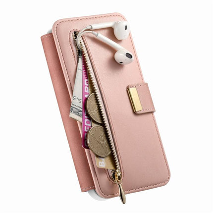 Precision Hole Silver-Edged Ring RFID Blocking Zipper Wallet Magnetic Vegan Leather Phone Case, For iPhone 17e / 16e, For iPhone 16 Pro Max, For iPhone 16 Pro