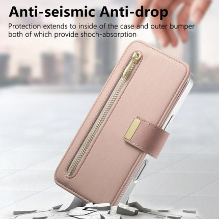 Precision Hole Silver-Edged Ring RFID Blocking Zipper Wallet Magnetic Vegan Leather Phone Case, For iPhone 17e / 16e, For iPhone 16 Pro Max, For iPhone 16 Pro