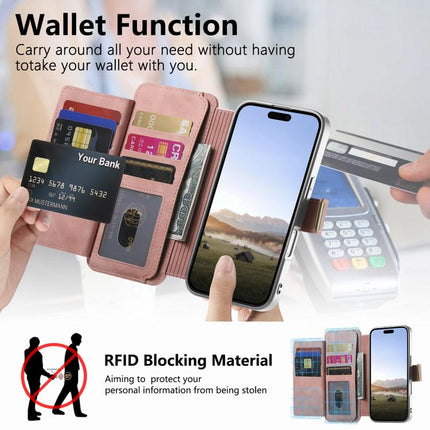 Precision Hole Silver-Edged Ring RFID Blocking Zipper Wallet Magnetic Vegan Leather Phone Case, For iPhone 17e / 16e, For iPhone 16 Pro Max, For iPhone 16 Pro