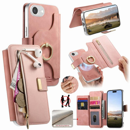 Precision Hole Silver-Edged Ring RFID Blocking Zipper Wallet Magnetic Vegan Leather Phone Case, For iPhone 17e / 16e, For iPhone 16 Pro Max, For iPhone 16 Pro