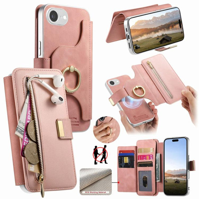 Precision Hole Silver-Edged Ring RFID Blocking Zipper Wallet Magnetic Vegan Leather Phone Case, For iPhone 17e / 16e, For iPhone 16 Pro Max, For iPhone 16 Pro