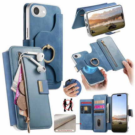 Precision Hole Silver-Edged Ring RFID Blocking Zipper Wallet Magnetic Vegan Leather Phone Case, For iPhone 17e / 16e, For iPhone 16 Pro Max, For iPhone 16 Pro