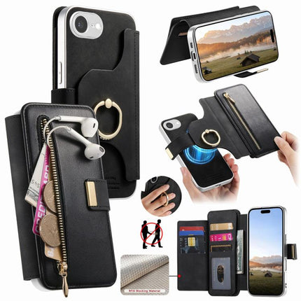 Precision Hole Silver-Edged Ring RFID Blocking Zipper Wallet Magnetic Vegan Leather Phone Case, For iPhone 17e / 16e, For iPhone 16 Pro Max, For iPhone 16 Pro