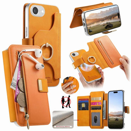 Precision Hole Silver-Edged Ring RFID Blocking Zipper Wallet Magnetic Vegan Leather Phone Case, For iPhone 17e / 16e, For iPhone 16 Pro Max, For iPhone 16 Pro