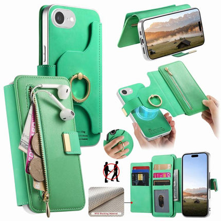 Precision Hole Silver-Edged Ring RFID Blocking Zipper Wallet Magnetic Vegan Leather Phone Case, For iPhone 17e / 16e, For iPhone 16 Pro Max, For iPhone 16 Pro