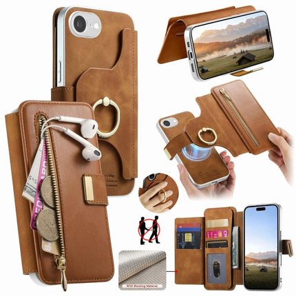 Precision Hole Silver-Edged Ring RFID Blocking Zipper Wallet Magnetic Vegan Leather Phone Case, For iPhone 17e / 16e, For iPhone 16 Pro Max, For iPhone 16 Pro