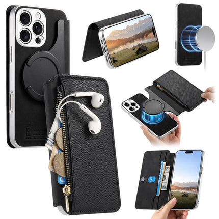 CaseNeo Precision Hole Silver-Edged Magnetic Zipper Wallet Cross-Grain Vegan Leather Phone Case, For iPhone 16 Pro, For iPhone 16 Plus, For iPhone 16