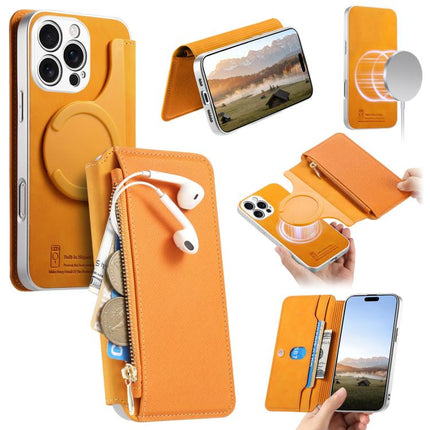CaseNeo Precision Hole Silver-Edged Magnetic Zipper Wallet Cross-Grain Vegan Leather Phone Case, For iPhone 16 Pro, For iPhone 16 Plus, For iPhone 16