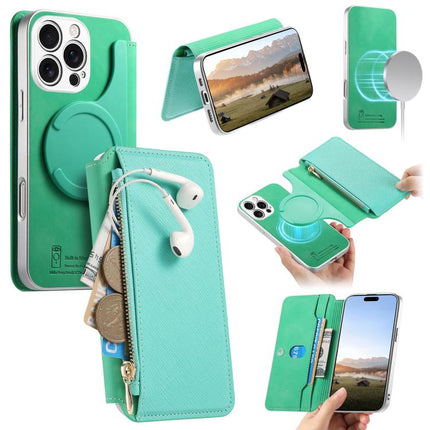 CaseNeo Precision Hole Silver-Edged Magnetic Zipper Wallet Cross-Grain Vegan Leather Phone Case, For iPhone 16 Pro, For iPhone 16 Plus, For iPhone 16