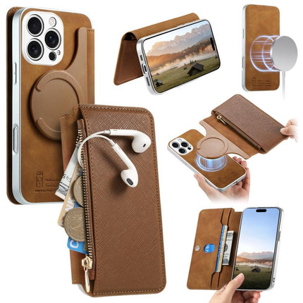 CaseNeo Precision Hole Silver-Edged Magnetic Zipper Wallet Cross-Grain Vegan Leather Phone Case, For iPhone 16 Pro, For iPhone 16 Plus, For iPhone 16