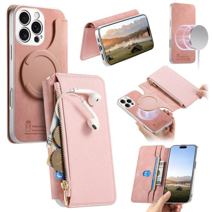 CaseNeo Precision Hole Silver-Edged Magnetic Zipper Wallet Cross-Grain Vegan Leather Phone Case, For iPhone 18 / 17, For iPhone 17e / 16e, For iPhone 16 Pro Max