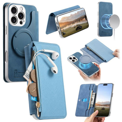 CaseNeo Precision Hole Silver-Edged Magnetic Zipper Wallet Cross-Grain Vegan Leather Phone Case, For iPhone 18 / 17, For iPhone 17e / 16e, For iPhone 16 Pro Max