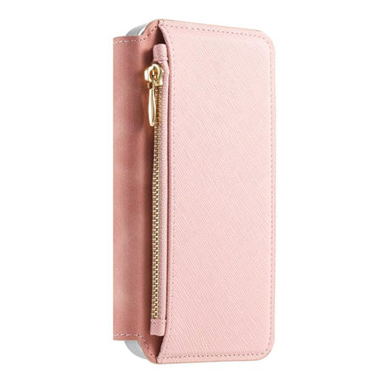 CaseNeo Precision Hole Silver-Edged Magnetic Zipper Wallet Cross-Grain Vegan Leather Phone Case, For iPhone 15 Pro Max, For iPhone 15 Pro, For iPhone 15 Plus