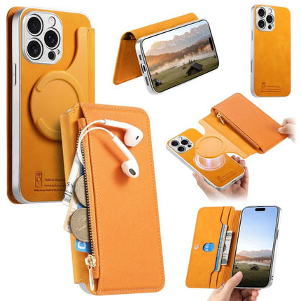 CaseNeo Precision Hole Silver-Edged Magnetic Zipper Wallet Cross-Grain Vegan Leather Phone Case, For iPhone 15 Pro Max, For iPhone 15 Pro, For iPhone 15 Plus