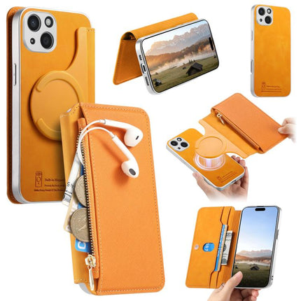 CaseNeo Precision Hole Silver-Edged Magnetic Zipper Wallet Cross-Grain Vegan Leather Phone Case, For iPhone 15, For iPhone 14, For iPhone 14 Pro