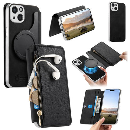 CaseNeo Precision Hole Silver-Edged Magnetic Zipper Wallet Cross-Grain Vegan Leather Phone Case, For iPhone 15, For iPhone 14, For iPhone 14 Pro