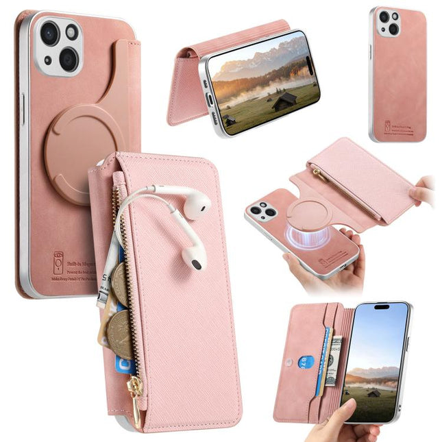 CaseNeo Precision Hole Silver-Edged Magnetic Zipper Wallet Cross-Grain Vegan Leather Phone Case, For iPhone 13