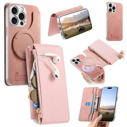 CaseNeo Precision Hole Silver-Edged Magnetic Zipper Wallet Cross-Grain Vegan Leather Phone Case, For iPhone 14 Pro Max, For iPhone 13 Pro Max, For iPhone 13 Pro