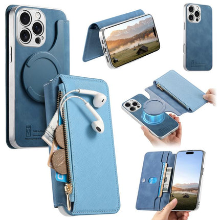 CaseNeo Precision Hole Silver-Edged Magnetic Zipper Wallet Cross-Grain Vegan Leather Phone Case, For iPhone 14 Pro Max, For iPhone 13 Pro Max, For iPhone 13 Pro