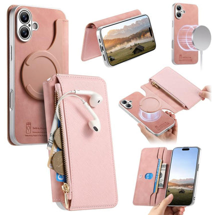 CaseNeo Precision Hole Silver-Edged Magnetic Zipper Wallet Cross-Grain Vegan Leather Phone Case, For iPhone 16 Pro, For iPhone 16 Plus, For iPhone 16