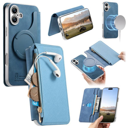 CaseNeo Precision Hole Silver-Edged Magnetic Zipper Wallet Cross-Grain Vegan Leather Phone Case, For iPhone 16 Pro, For iPhone 16 Plus, For iPhone 16