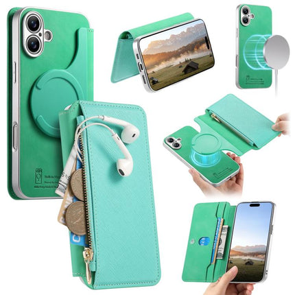 CaseNeo Precision Hole Silver-Edged Magnetic Zipper Wallet Cross-Grain Vegan Leather Phone Case, For iPhone 18 / 17, For iPhone 17e / 16e, For iPhone 16 Pro Max