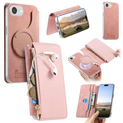 CaseNeo Precision Hole Silver-Edged Magnetic Zipper Wallet Cross-Grain Vegan Leather Phone Case, For iPhone 18 / 17, For iPhone 17e / 16e, For iPhone 16 Pro Max