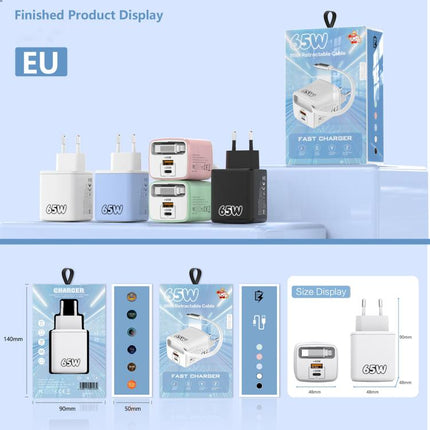 ADC-PD013 Sugar Cube 65W Type-C and USB Dual-port Fast Charger with Type-C Retractable Cable, EU Plug, US Plug, UK Plug