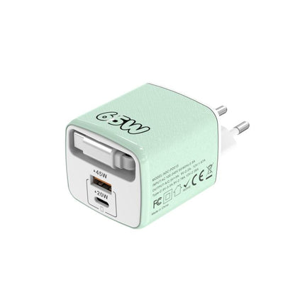 ADC-PD013 Sugar Cube 65W Type-C and USB Dual-port Fast Charger with Type-C Retractable Cable, EU Plug, US Plug, UK Plug