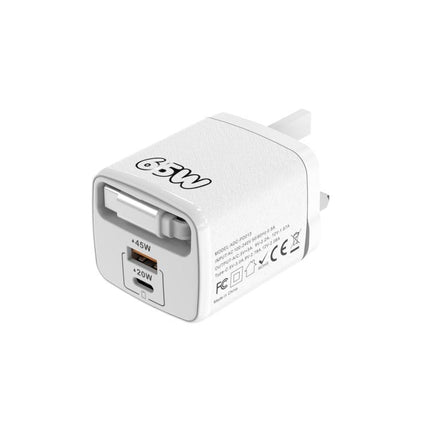 ADC-PD013 Sugar Cube 65W Type-C and USB Dual-port Fast Charger with Type-C Retractable Cable, EU Plug, US Plug, UK Plug