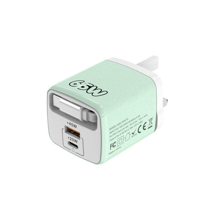 ADC-PD013 Sugar Cube 65W Type-C and USB Dual-port Fast Charger with Type-C Retractable Cable, EU Plug, US Plug, UK Plug