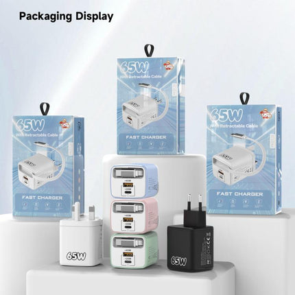 ADC-PD013 Sugar Cube 65W Type-C and USB Dual-port Fast Charger with Type-C Retractable Cable, EU Plug, US Plug, UK Plug