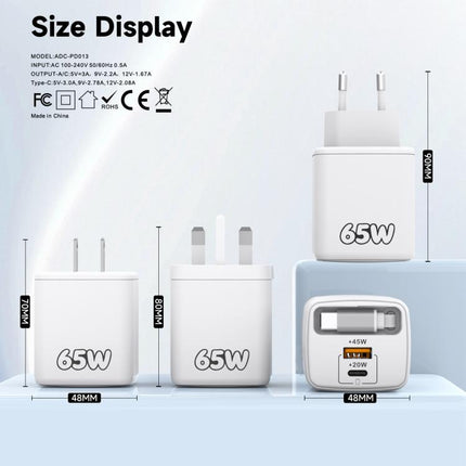 ADC-PD013 Sugar Cube 65W Type-C and USB Dual-port Fast Charger with Type-C Retractable Cable, EU Plug, US Plug, UK Plug