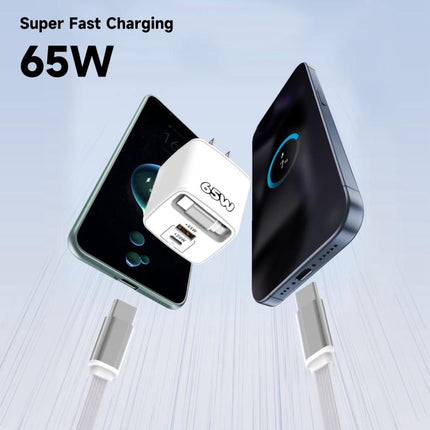 ADC-PD013 Sugar Cube 65W Type-C and USB Dual-port Fast Charger with Type-C Retractable Cable, EU Plug, US Plug, UK Plug